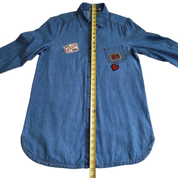 It Hippie Womens Denim Button-Up Shirt Fun Patches & Long Sleeves Size Large - Picture 6 of 7